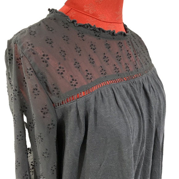 Fat Face Sheer Black Long Sleeve Peasant Blouse Casual Top Size 10 Eyelet Lace - Picture 8 of 11